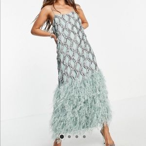 Work once asos sequin and feather dress gown